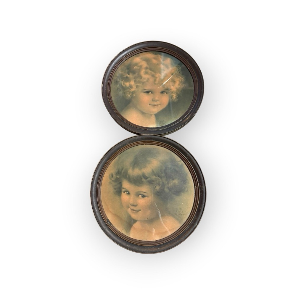 Vintage Bessie Pease Gutmann Prints Set 2 Framed 12 Inch Round Cottagecore Decor